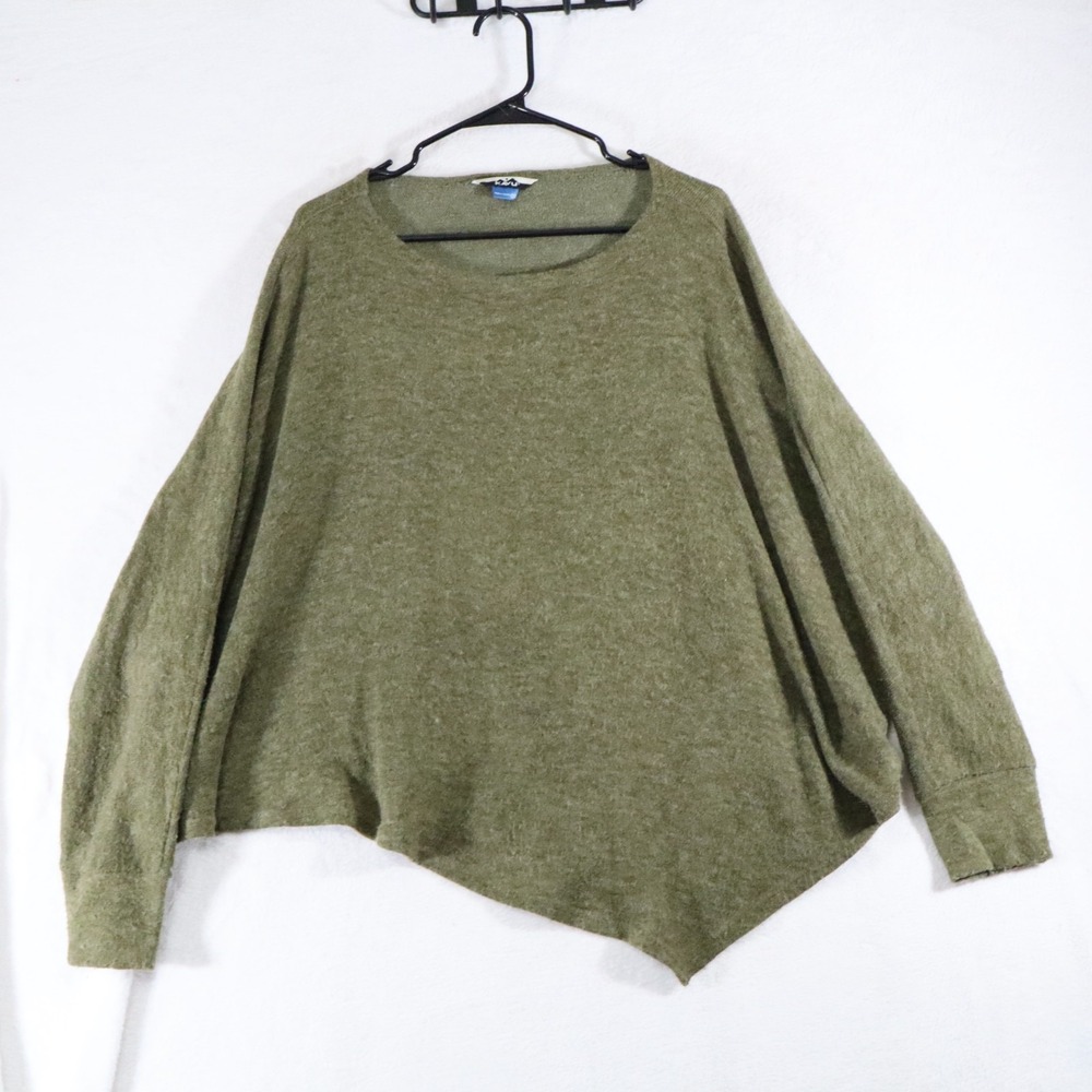 KAVU Women's Asymmetric Hem Sweater One Size Olive Green Handkerchief Hem